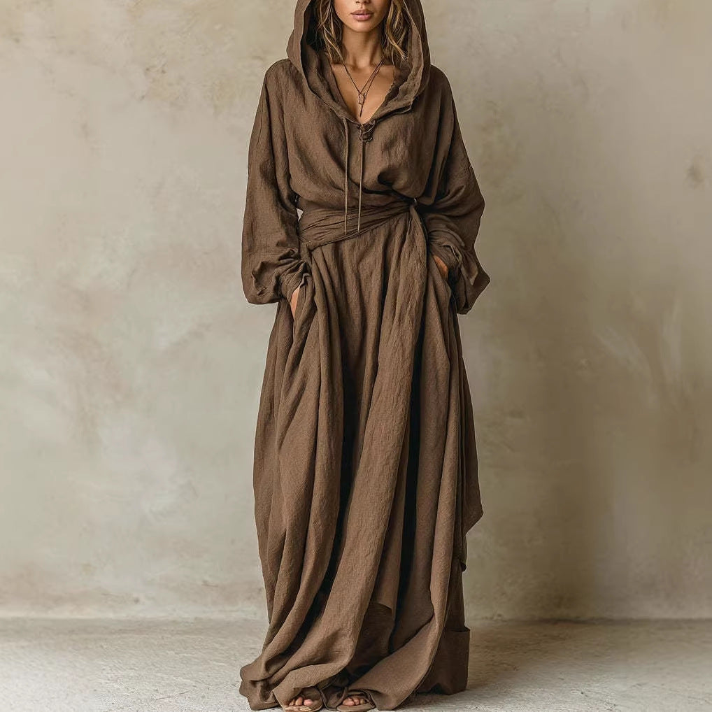 Womens Casual Loose-fitting Hooded Dress With A Belt